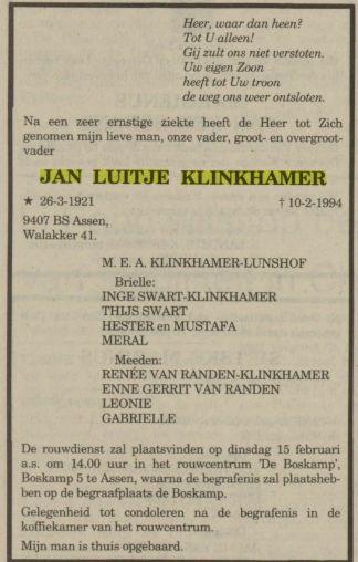 overlijdensadvertentie Jan Luitje Klinkhamer on 11 Feb 1994.